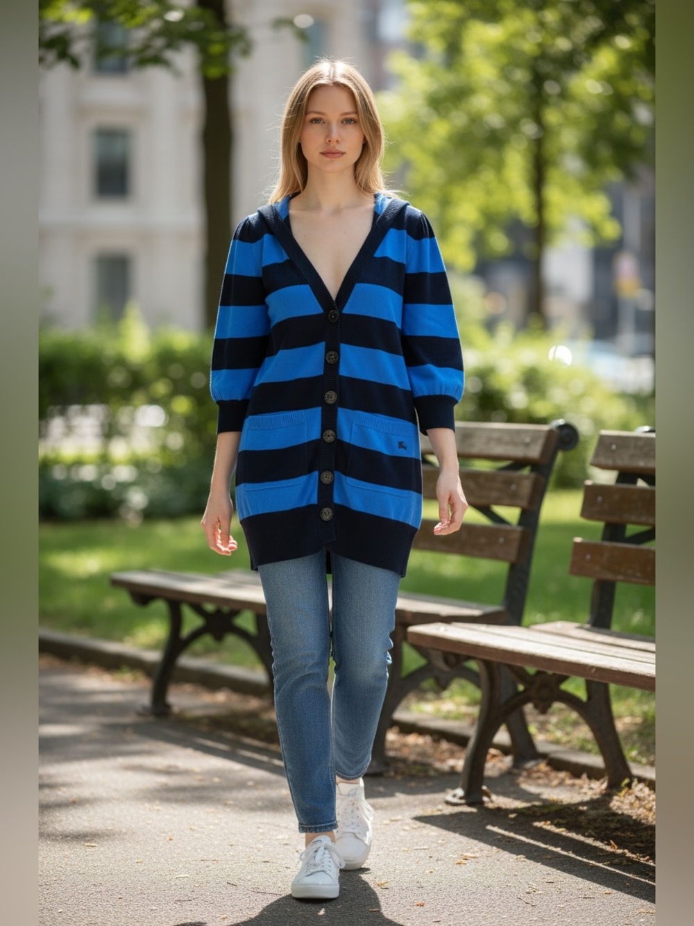 Burberry Blue & Navy Striped Hooded Cardigan